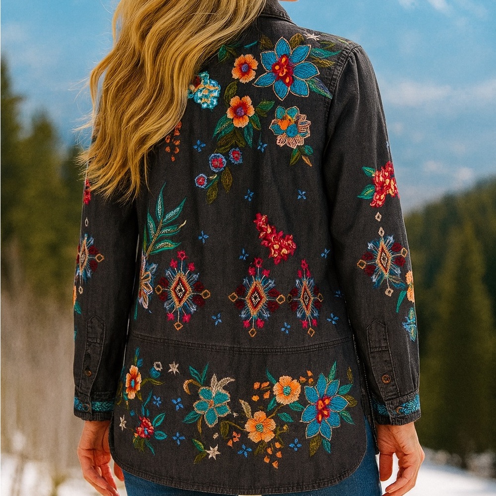 NWT - Johnny Was Black Francisca Floral Embroidered Shirt - PRICE IS FIRM - Picture 12 of 14